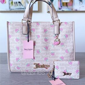JUICY COUTURE Bag Berry Sweet Large Tote & Wallet Set - Beige  Strawberry Print